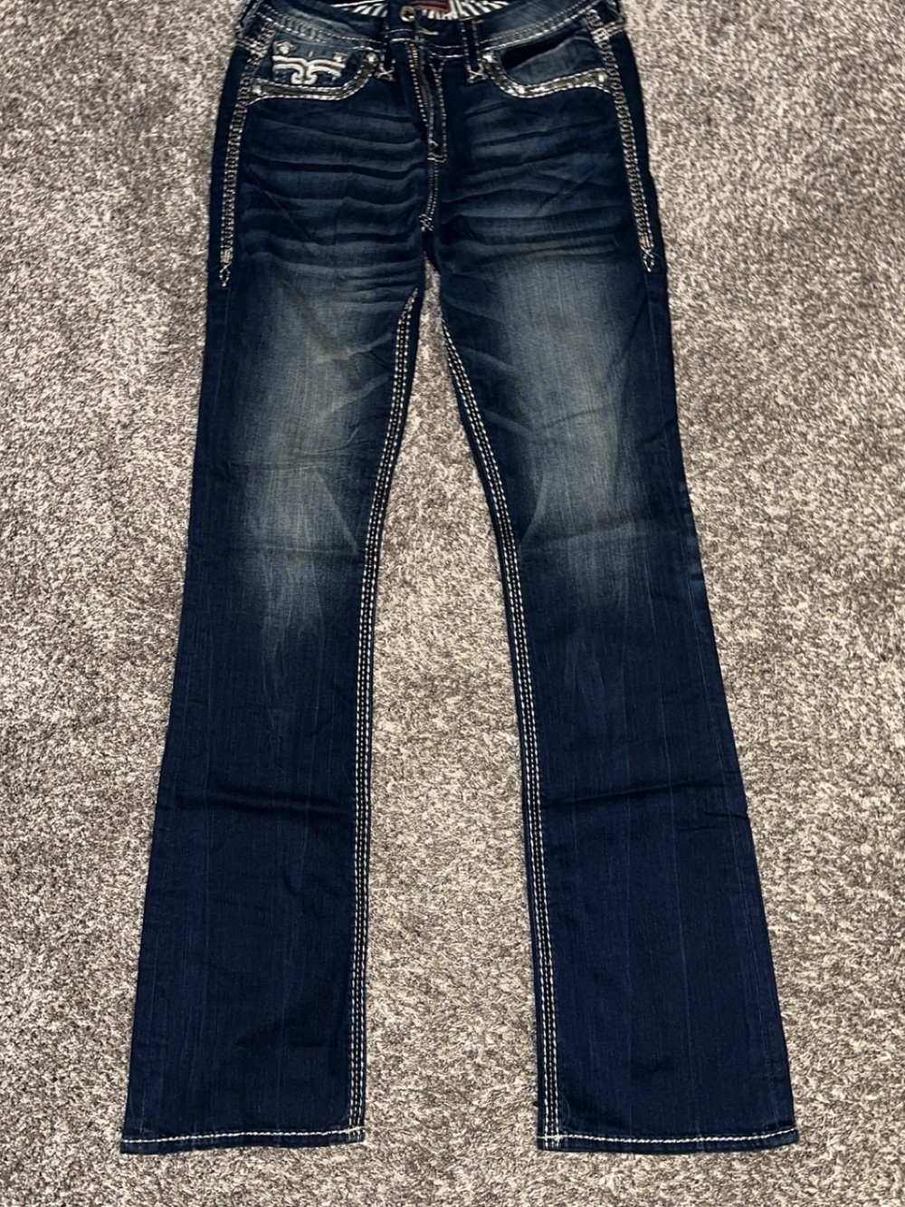 Rock Revival Dark Blue Bootcut Jeans with White Contrast Stitching